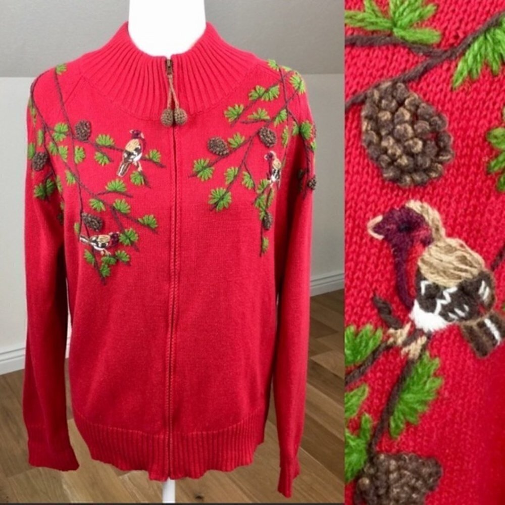 Vintage Bird Sweater Zip Front Size Large